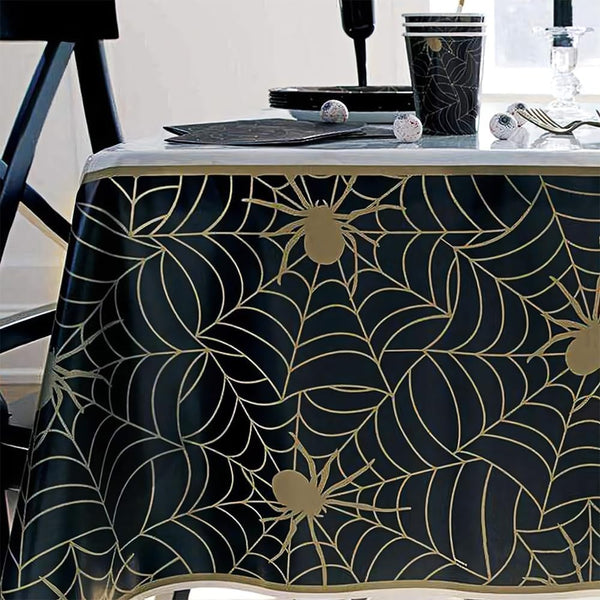 Unique Black and Gold Spider Web Halloween Plastic Tablecloth, 84" X 54"
