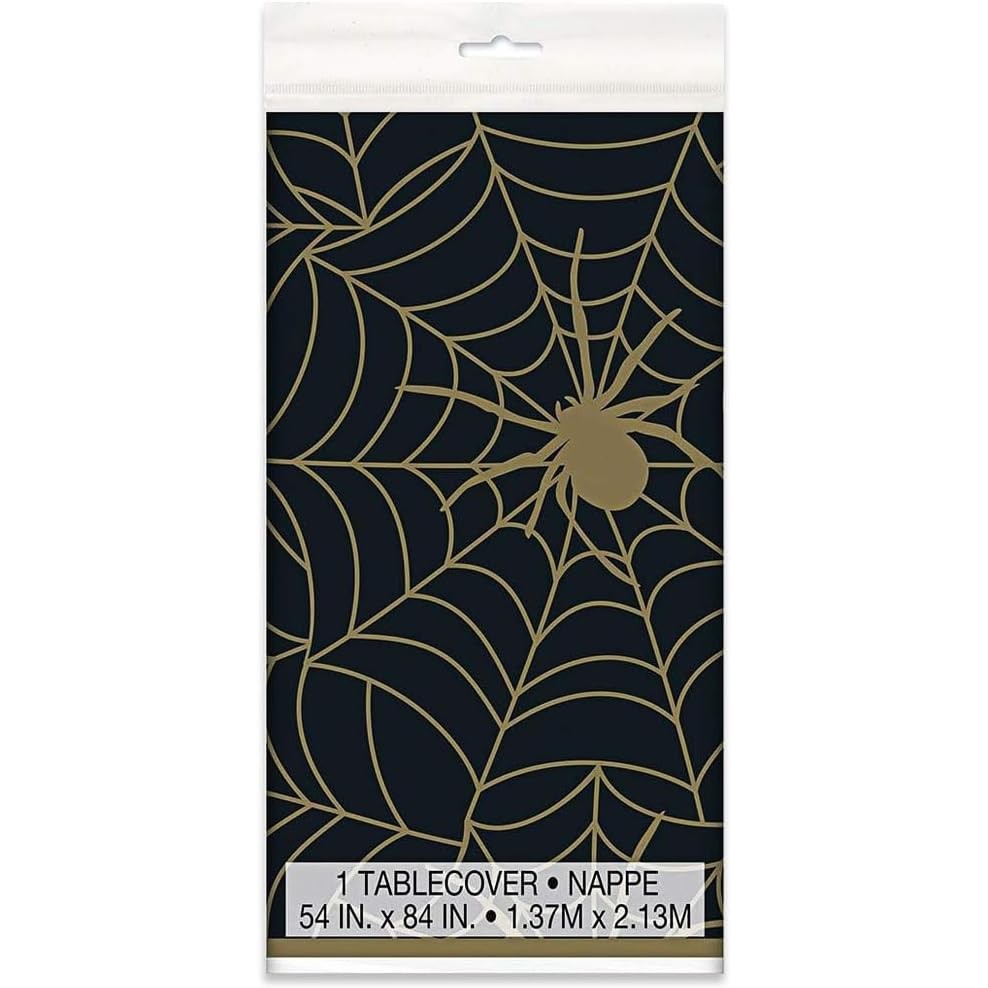 Unique Black and Gold Spider Web Halloween Plastic Tablecloth, 84" X 54"