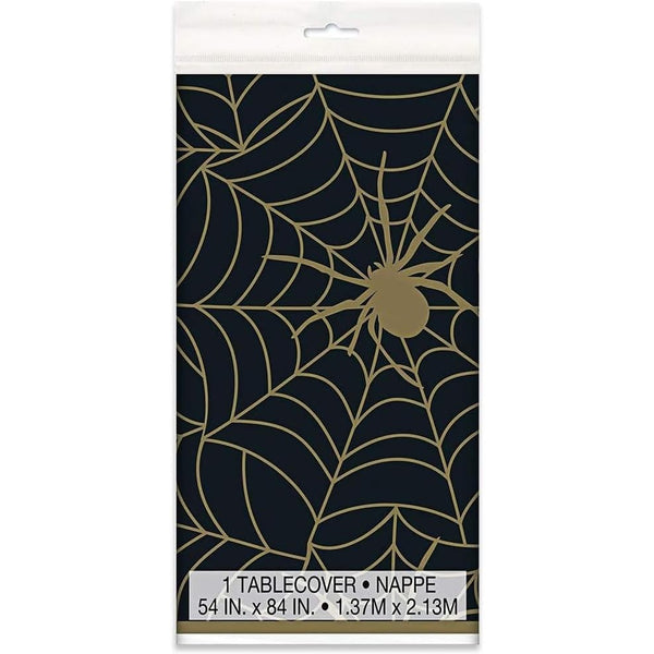 Unique Black and Gold Spider Web Halloween Plastic Tablecloth, 84" X 54"