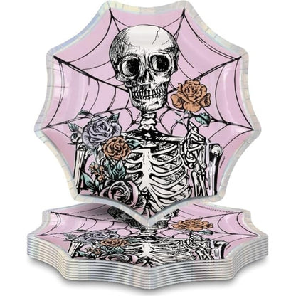 Unique Pink Floral Skulls Halloween Spiderweb-Shaped Dessert Plates - 8.25" Pack of 8 - Iridescent Foil Stamping, Perfect for Halloween Treats and Spooky Celebrations