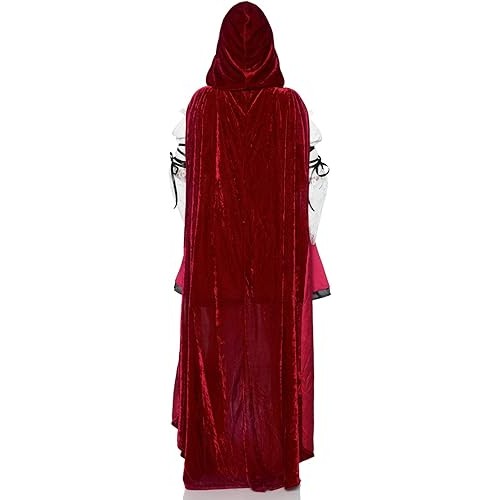 Women's 2 Pc Storybook Red Riding Hood Costume with Lace Trimmed Peasant Dress & Attached Long Cape, Choker