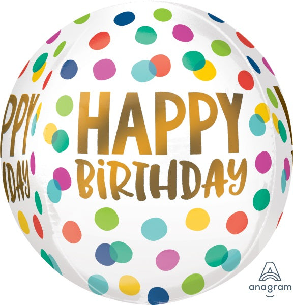 Happy Birthday Gold & Rainbow Dots Orbz Balloon