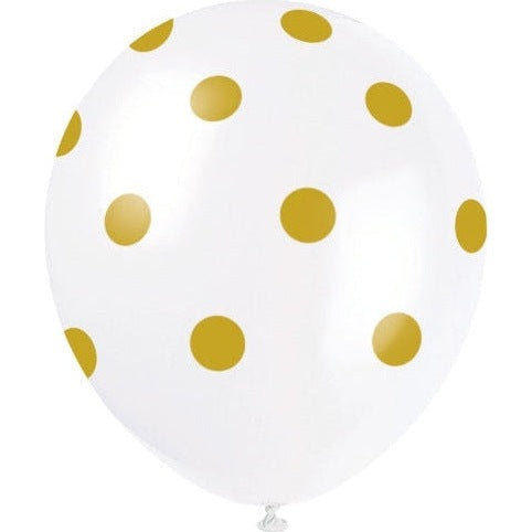 12" Latex Balloons, 6 Count - Gold Dots