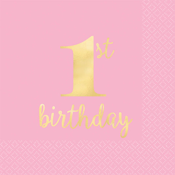 1St Birthday Premium Pink Hot Stamped Beverage Napkins