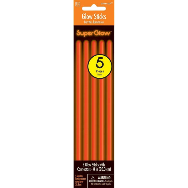 8" Orange Glow Sticks, 5 Count