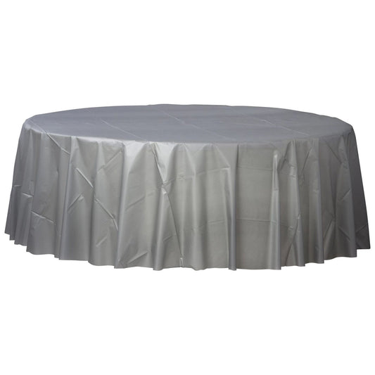 84" Round Plastic Table Cover - Silver