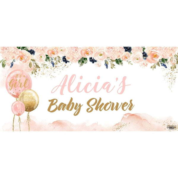 Banner - Custom Deluxe Baby Shower Pink Flowers & Balloons