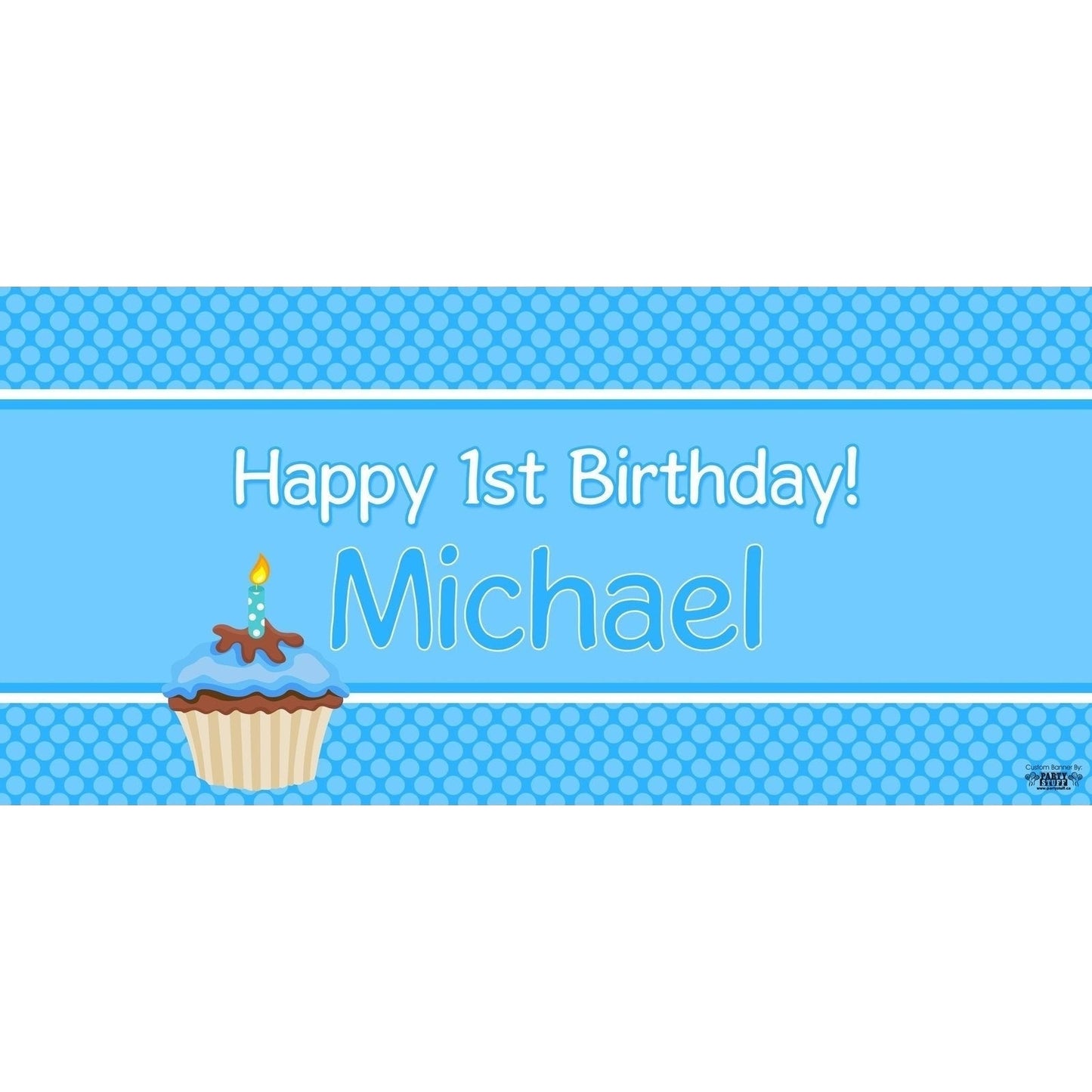 Banner - Custom Deluxe Birthday Blue Dots & Cupcake