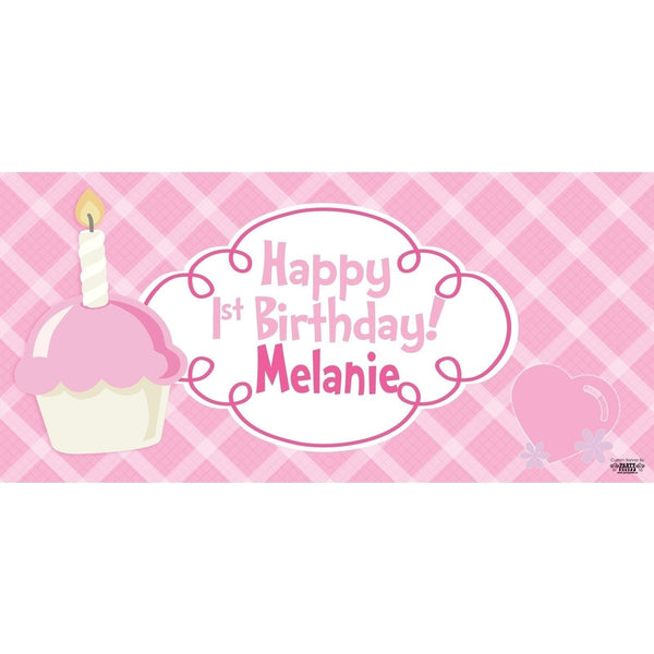 Banner - Custom Deluxe Birthday Pink Cupcake & Heart