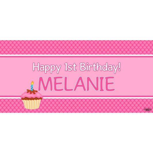 Banner - Custom Deluxe Birthday Pink Dots & Cupcake