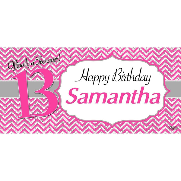 Banner - Custom Deluxe Birthday Pink & Silver Zig Zag