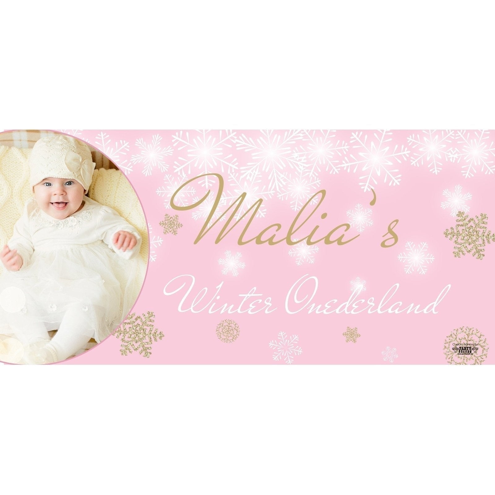 Banner - Custom Deluxe Birthday White & Gold Snowflakes Pink With PiCounture