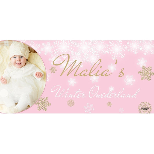 Banner - Custom Deluxe Birthday White & Gold Snowflakes Pink With PiCounture