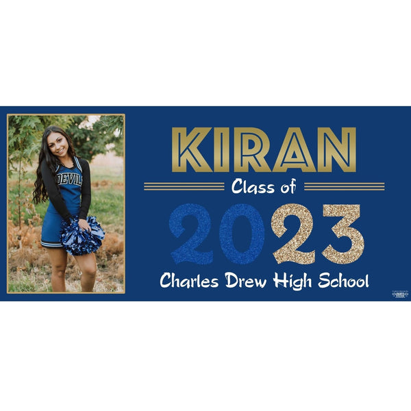 Banner - Custom Deluxe Grad Blue Back Blue/Gold Glitz With PiCounture