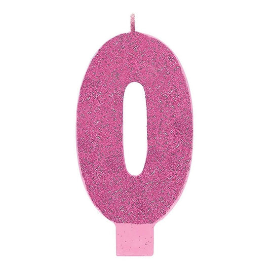 Numeral #0 Large Glitter Candle - Pink