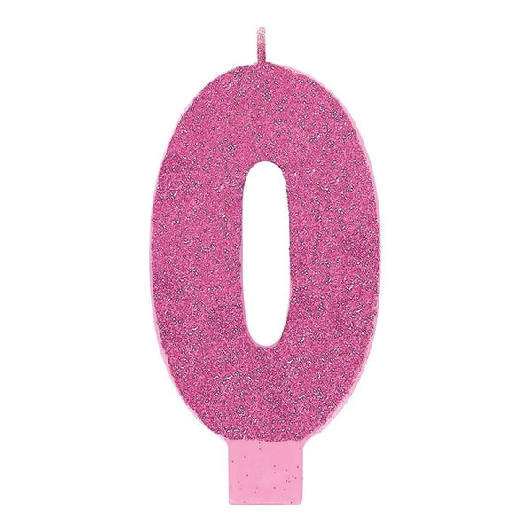 Numeral #0 Large Glitter Candle - Pink