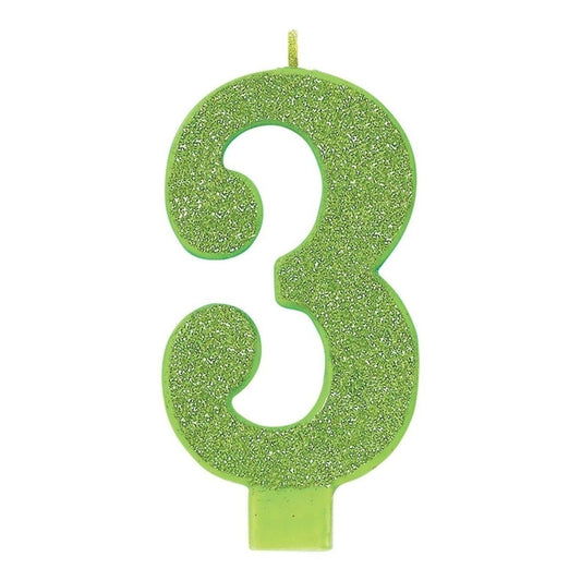 Numeral #3 Large Glitter Candle - Kiwi