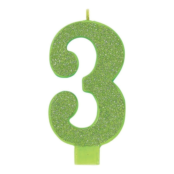 Numeral #3 Large Glitter Candle - Kiwi