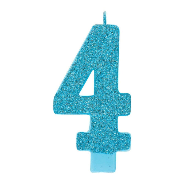 Numeral #4 Large Glitter Candle - Caribbean Blue
