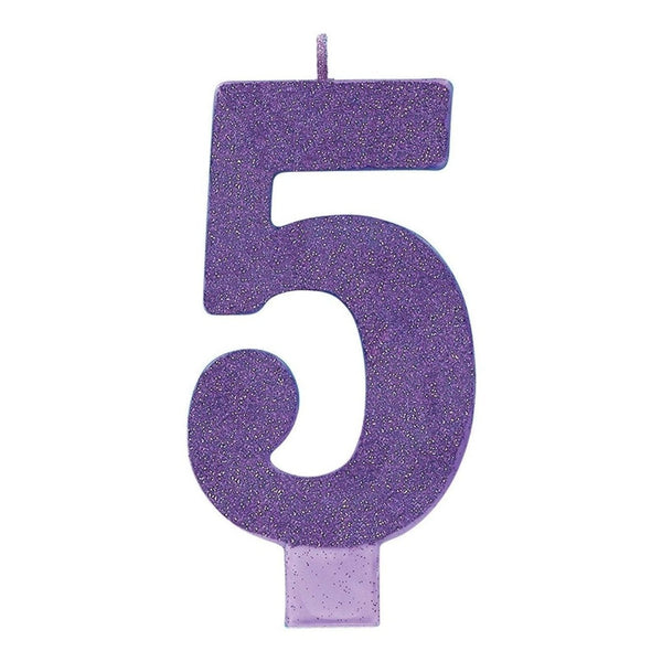 Numeral #5 Large Glitter Candle - Purple