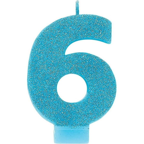 Numeral #6 Glitter Candle - Caribbean Blue