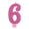 Numeral #6 Large Glitter Candle - Pink