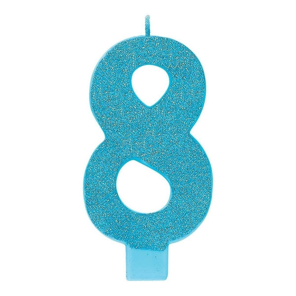 Numeral #8 Large Glitter Candle - Caribbean Blue