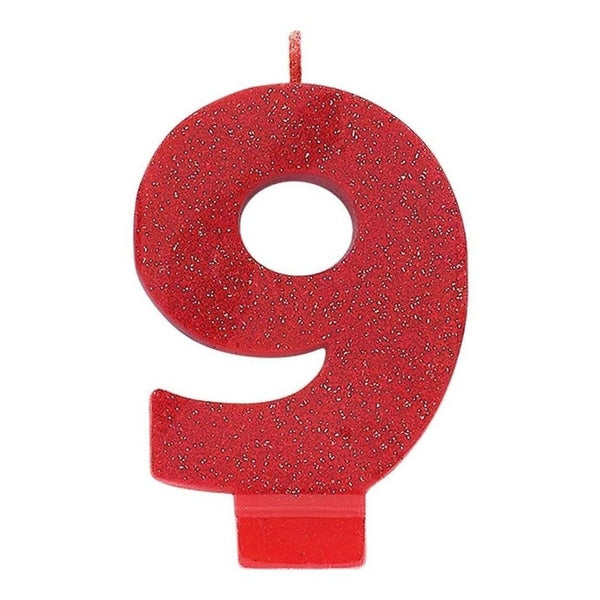 Numeral #9 Glitter Candle - Red