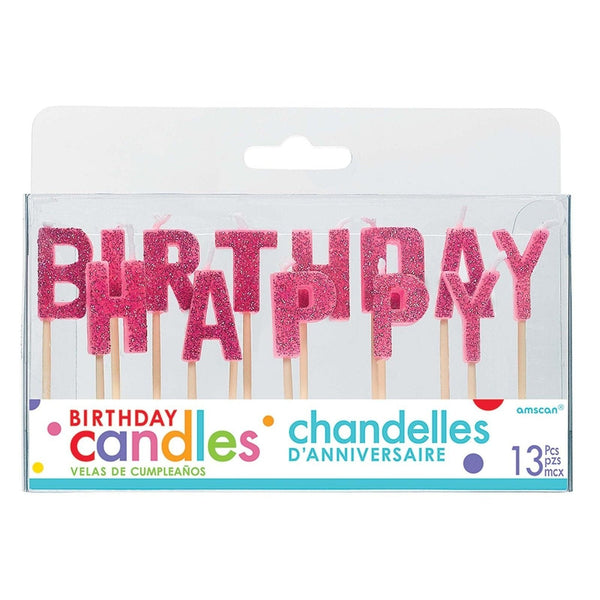 Happy Birthday Glitter Pick Candles - Pink