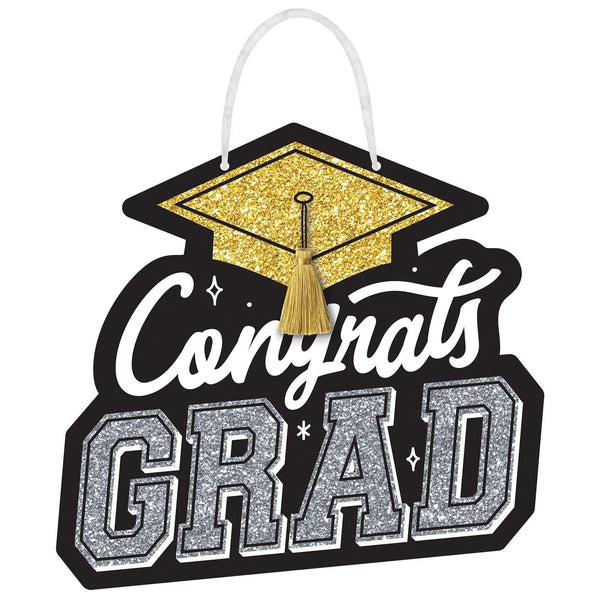 Congrats Grad Value Glitter Sign - Black, Silver, Gold