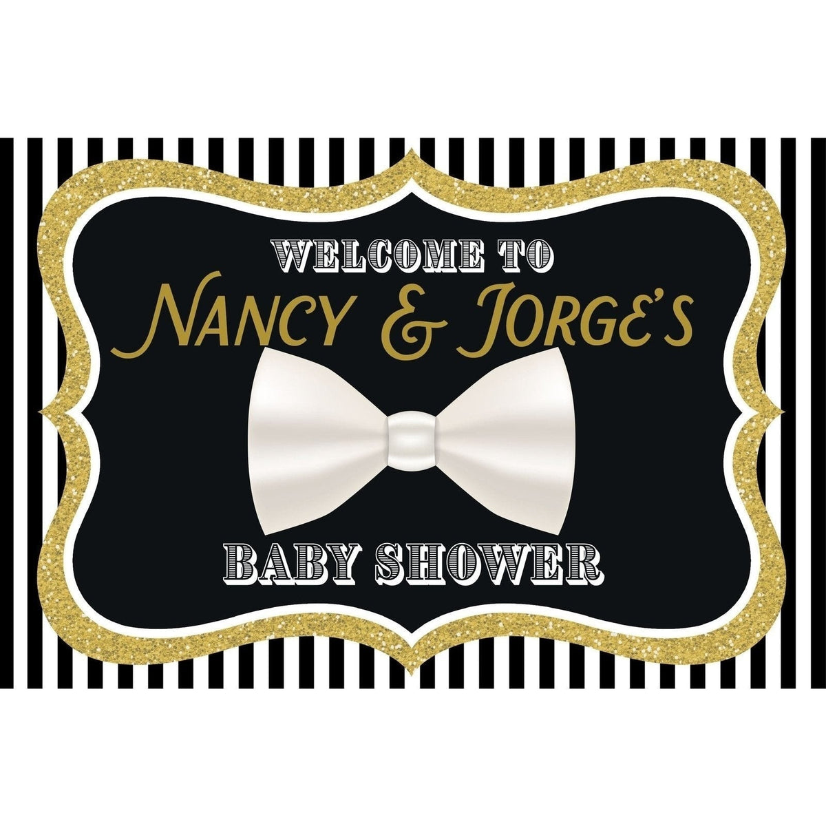 Customizable Yard Sign / Lawn Sign Welcome Baby Shower Black/White Bow Tie/Gold Landscape