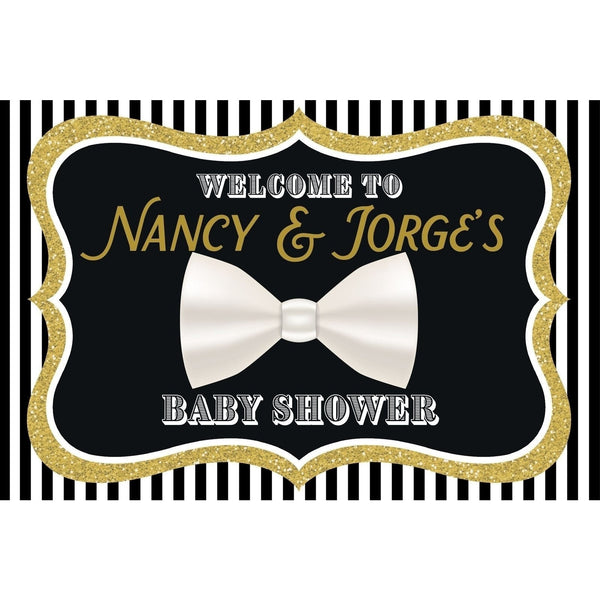 Customizable Yard Sign / Lawn Sign Welcome Baby Shower Black/White Bow Tie/Gold Landscape