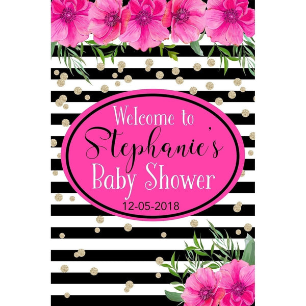 Customizable Yard Sign / Lawn Sign Welcome Baby Shower Black/White Stripes Flower