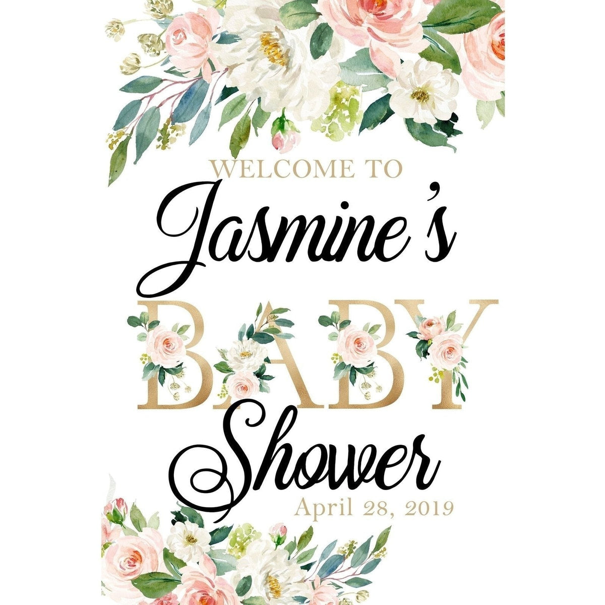 Customizable Yard Sign / Lawn Sign Welcome Baby Shower Gold Floral