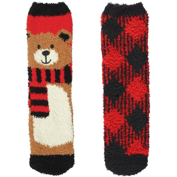 Fuzzy Socks- Bear And Plaid, 2 Pack