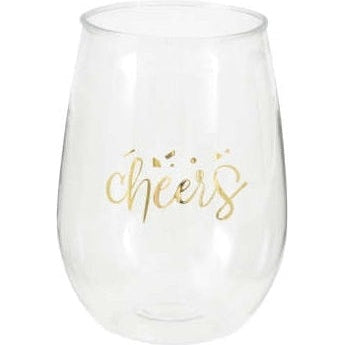 Gold Cheers 15Oz Plastic Stemless Wine Glass