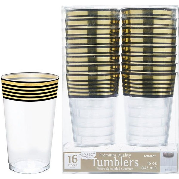 Gold Stripe Plastic Tumblers, 16 Oz. - Hot Stamped