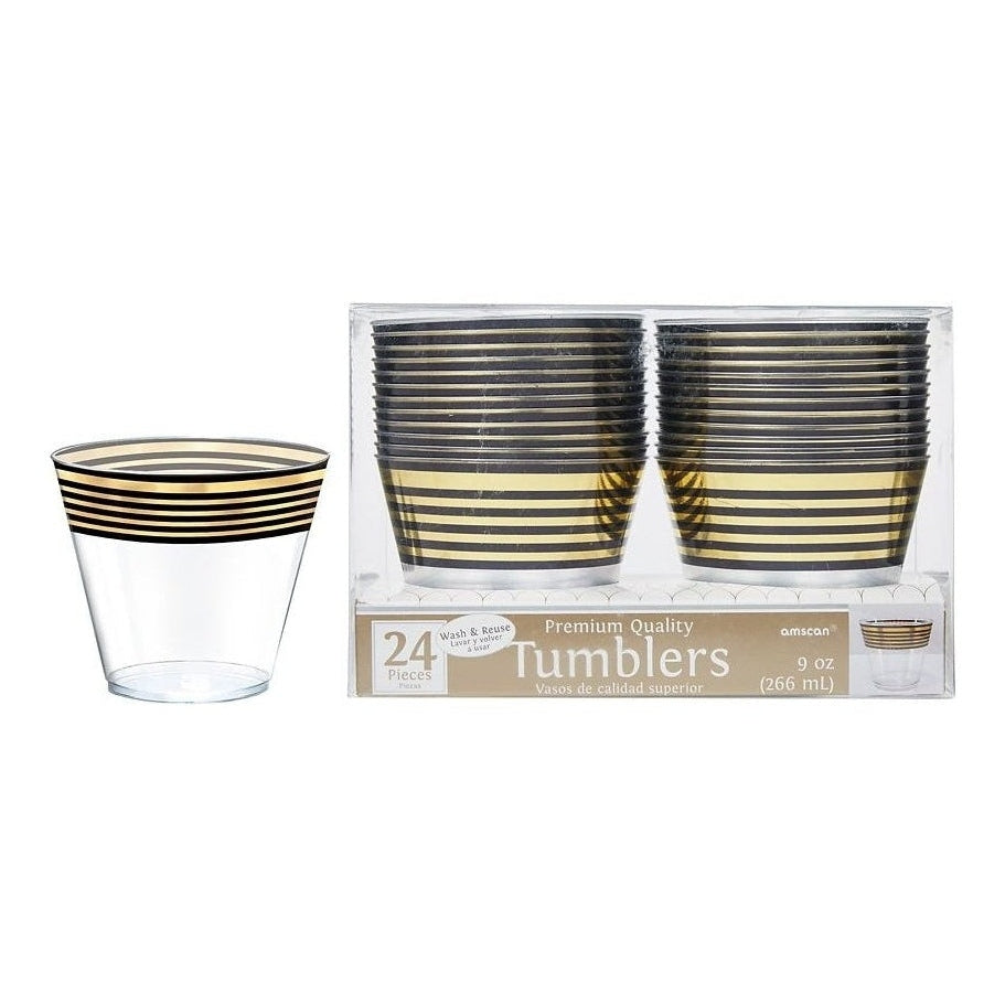 Gold Stripe Plastic Tumblers, 9 Oz. - Hot-Stamped