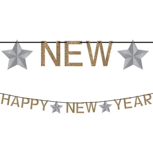 Happy New Year Ribbon Banner W/Glitter Paper Letters - Silver & Gold