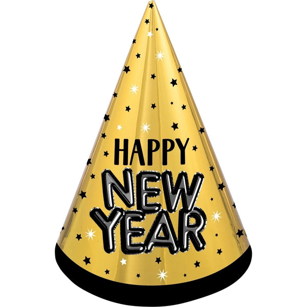 Happy New Year Cone Hat - Black, Silver, Gold
