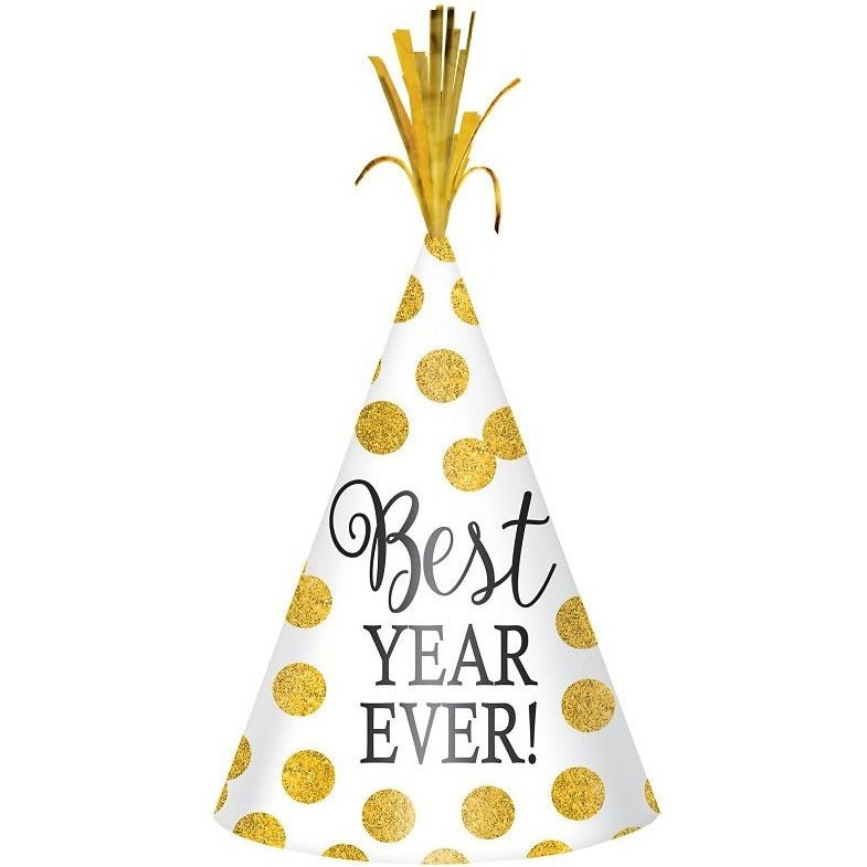 New Year's Cone Hat - White/Gold Dots