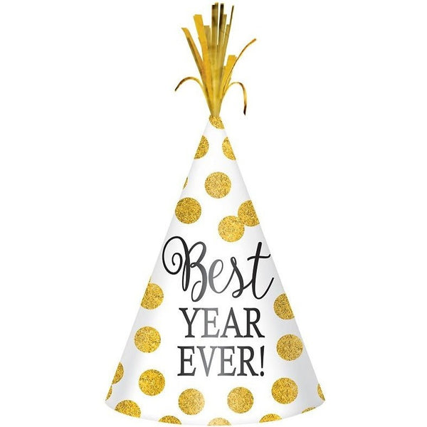 New Year's Cone Hat - White/Gold Dots