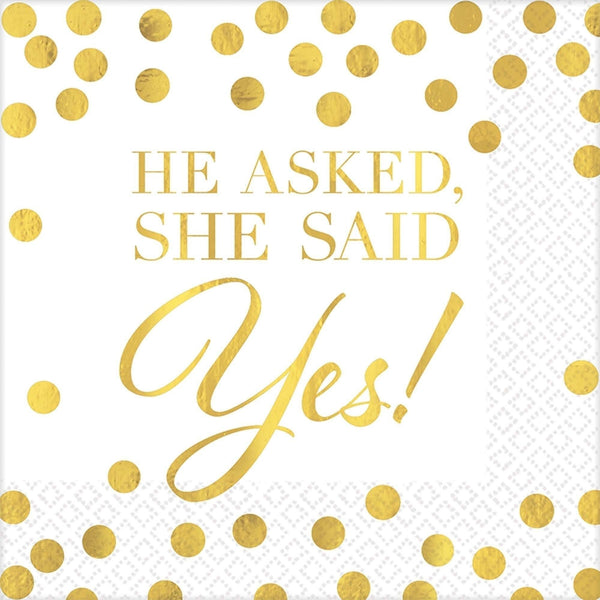 He Asked, She Said Yes Hot Stamped Beverage Napkins