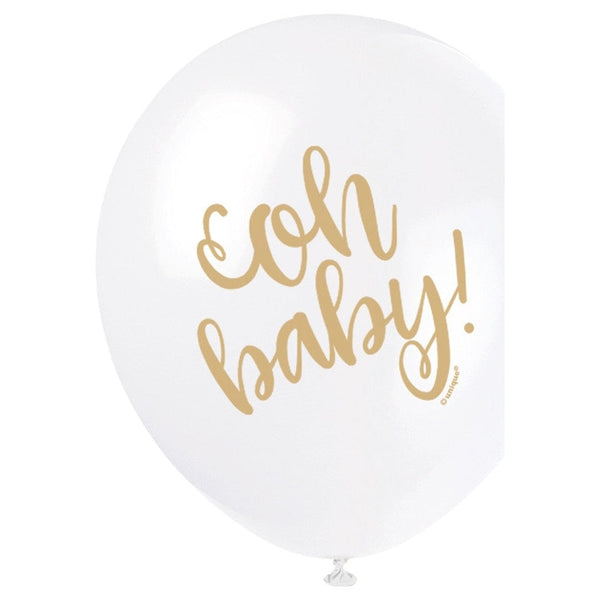 White Gold " Oh Baby" Baby Shower 12" Latex Balloons, 8 Count