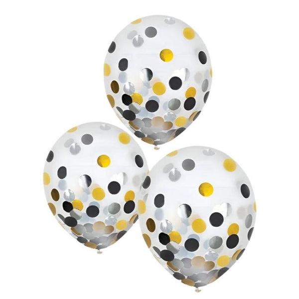 Latex Balloons W/ Confetti - Black/Silver/Gold, 12"