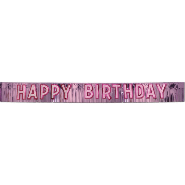 Metallic Happy Birthday Banner Pink W/Silver Gltrd Pink Ltrs