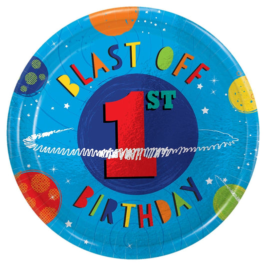 Blast Off Birthday Round Metallic Plates, 7" - 1St Bday