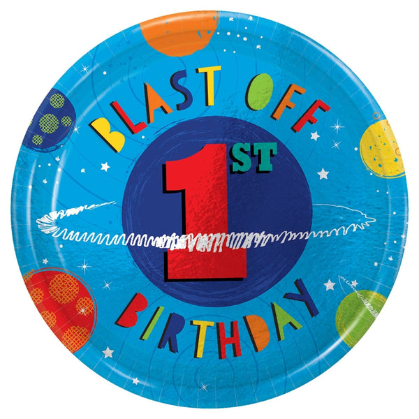 Blast Off Birthday Round Metallic Plates, 7" - 1St Bday
