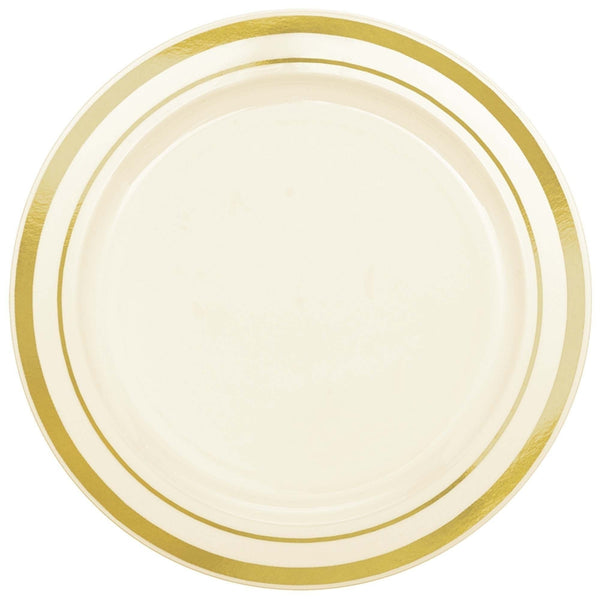 Cream Premium Plastic Round Plates With Gold Trim, 6 1/4"