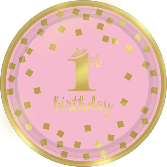 1St Birthday Girl Metallic Round Plates, 7"